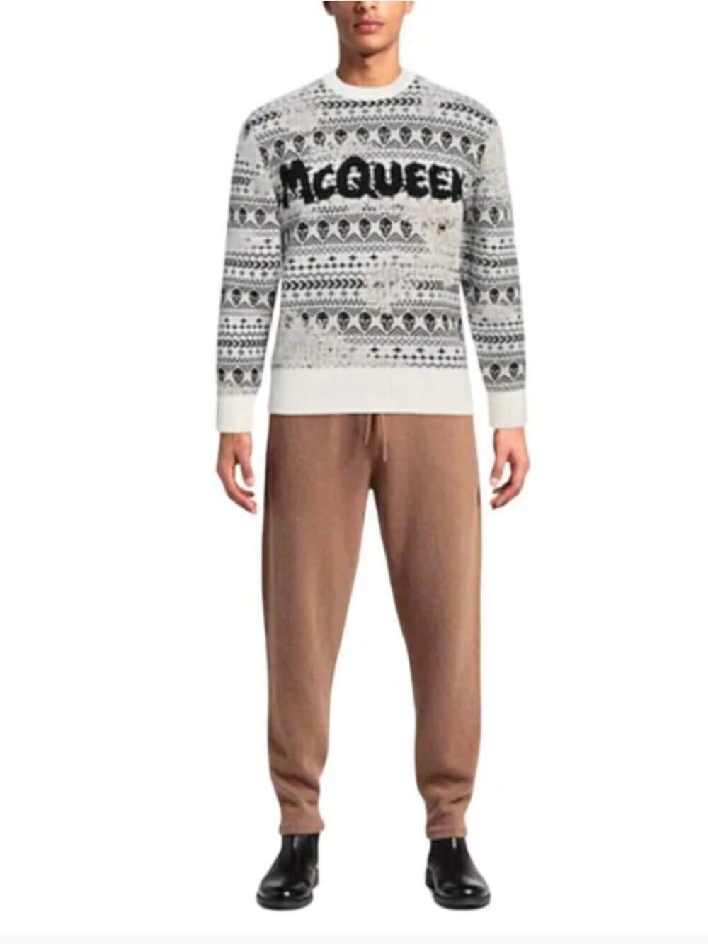 Alexander McQueen Logo Intarsia Jumper Sweater Mens XL Black Cream Skull Crew